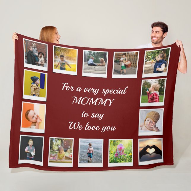 Personalized Family Square Photo Collage Red Fleece Blanket (In Situ)