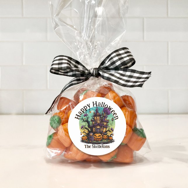 Personalized Family Sticker - Haunted House (Personalized Family Halloween Candy Bag Sticker)