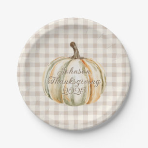 Personalized Family Thanksgiving Neutral Gingham  Paper Plates