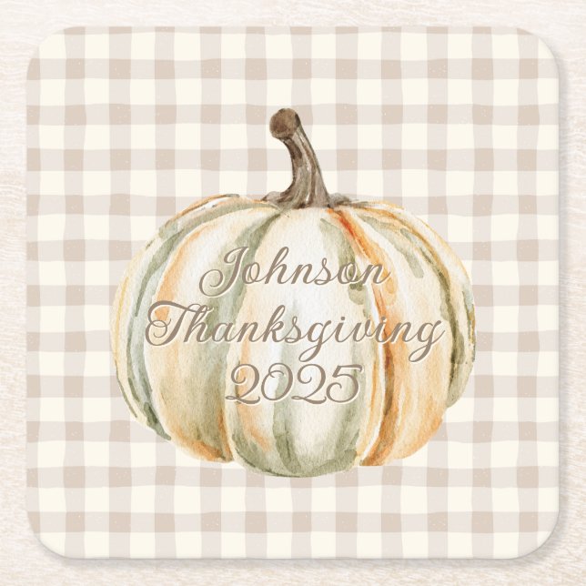 Personalized Family Thanksgiving Neutral Gingham  Square Paper Coaster (Front)