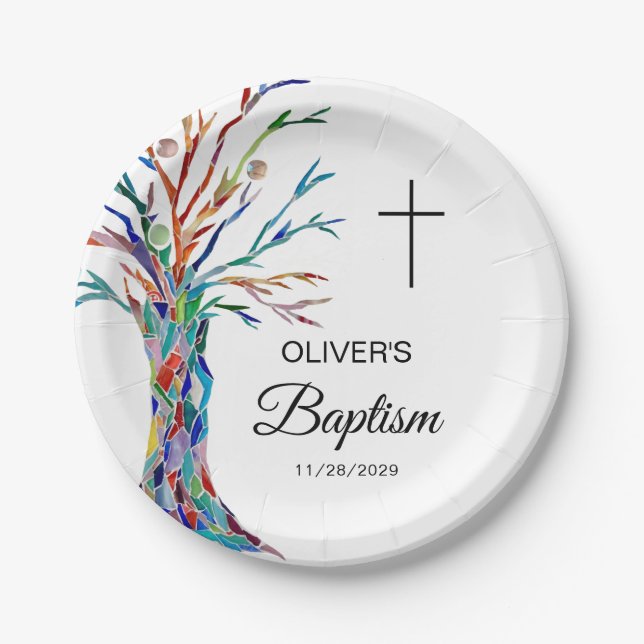Personalized Family Tree Baptism Christening  Paper Plates (Front)