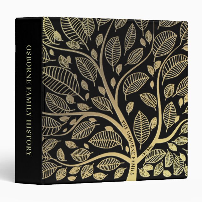 Personalized Family Tree Black Gold Genealogy 3 Ring Binder (Front/Spine)