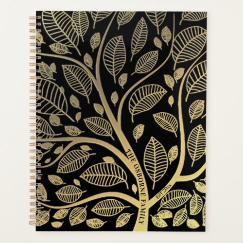 Personalized Family Tree Black Gold Leaves Planner