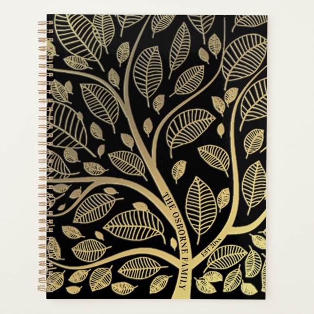 Personalized Family Tree Black Gold Leaves Planner (Front)