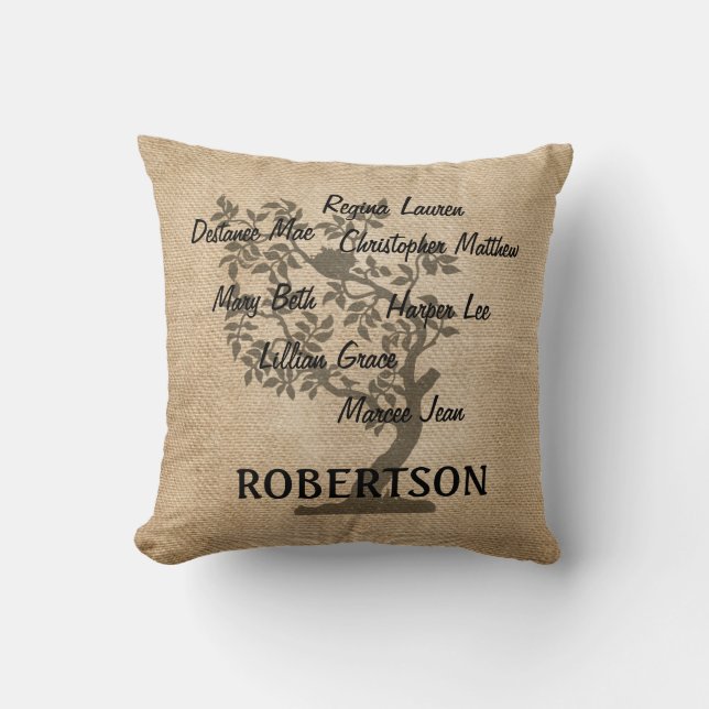 Personalized Family Tree Burlap Add 7 Names Throw Pillow (Front)