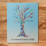 Personalized Family Tree Puzzle<br><div class="desc">Personalized Family Tree Puzzle.
This stylish puzzle is decorated with a rainbow colored Family Tree design on a blue ombre background.
Customize it with your family name.
The tree was originally made in mosaic using tiny pieces of colored glass.
Original Mosaic © Michele Davies.</div>