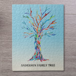 Personalized Family Tree Puzzle<br><div class="desc">Personalized Family Tree Puzzle.
This stylish puzzle is decorated with a rainbow colored Family Tree design on a blue ombre background.
Customize it with your family name.
The tree was originally made in mosaic using tiny pieces of colored glass.
Original Mosaic © Michele Davies.</div>