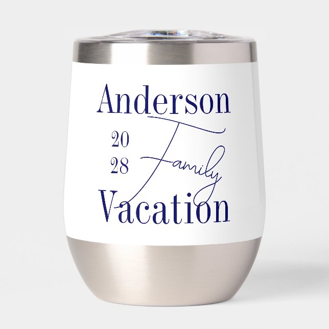 Personalized Family Vacation Navy and White Thermal Wine Tumbler (Front)