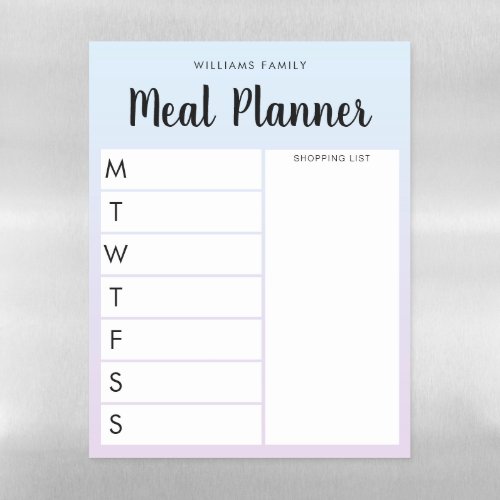 Personalized Family Weekly Meal Planner Magnetic Dry Erase Sheet