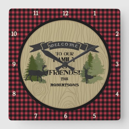 Personalized Family Welcome Mountain Lake Cabin Square Wall Clock