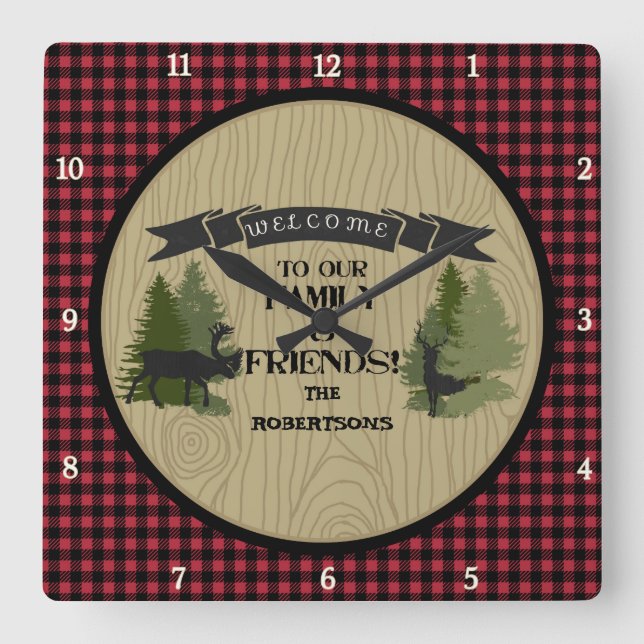 Personalized Family Welcome Mountain Lake Cabin Square Wall Clock (Front)