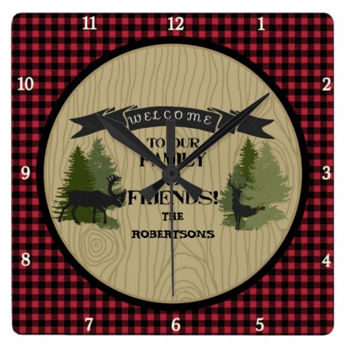 Personalized Family Welcome Mountain Lake Cabin Square Wallclocks