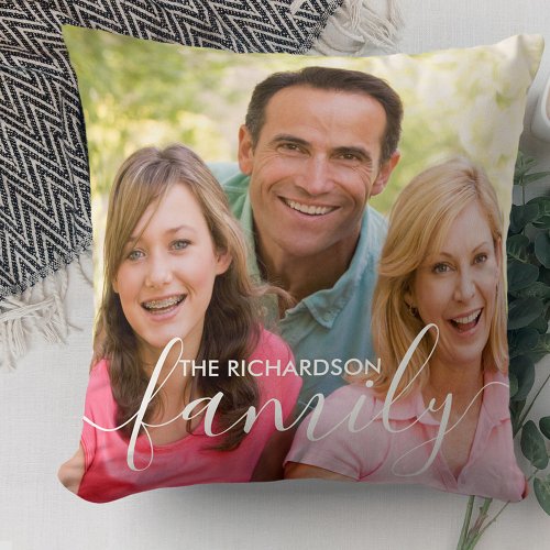 Personalized Family White Script Overlay 2 Photo Throw Pillow