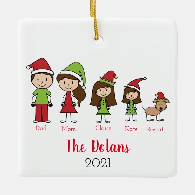 Personalized Family with Dog Christmas Ceramic Ornament (Front)