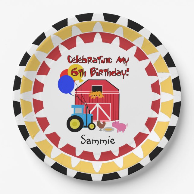 Personalized Farm 6th Birthday Paper Plates (Front)