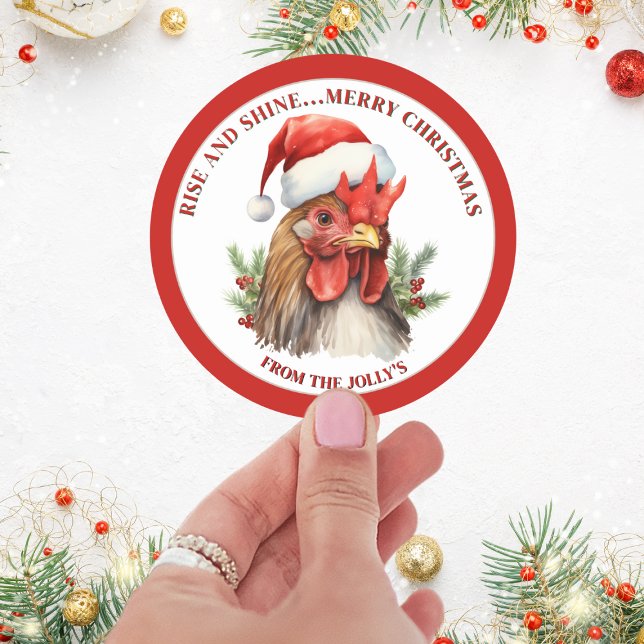 Personalized Farm Theme Rooster Christmas Classic Round Sticker (Creator Uploaded)