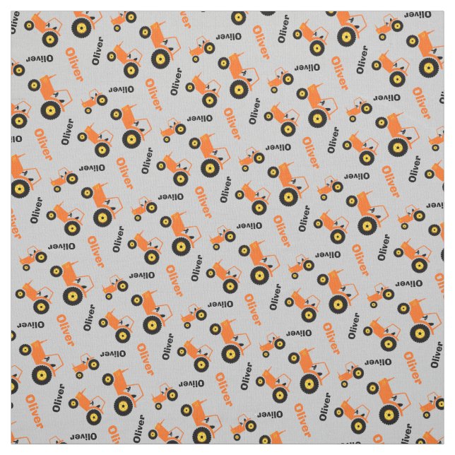 Personalized farm tractor name orange grey fabric (Swatch)