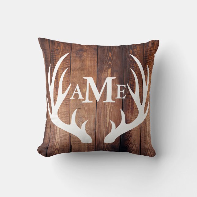 Personalized - Farmhouse Barn Wood Deer Antlers Throw Pillow (Front)