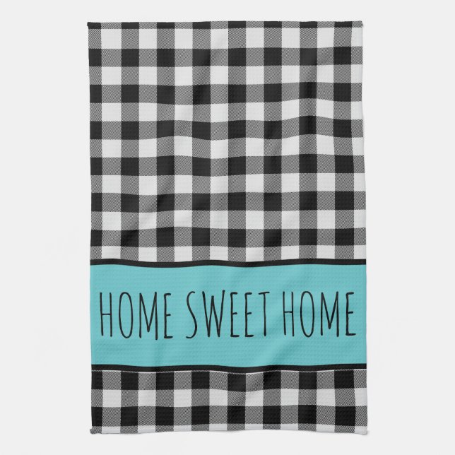 Personalized Farmhouse Black Buffalo Plaid Kitchen Towel (Vertical)