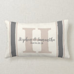 Personalized Farmhouse Grain Sack Wedding Date Lumbar Pillow<br><div class="desc">Visit Part of my Farmhouse Gray Neutrals Collection. Grain sack style with ivory background, gray & tan stripes with initial, names and date. The stripes cannot be customized but you can customize the font size, font color, and font type of the initial, names and date... just click on the "customize"...</div>