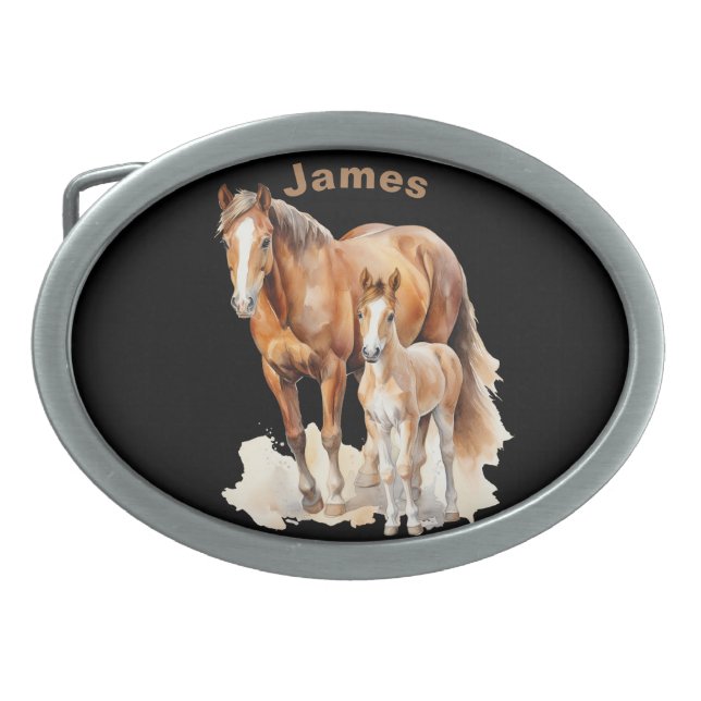 Personalized Farmhouse Horse & Baby. Horse Lovers Belt Buckle (Front)