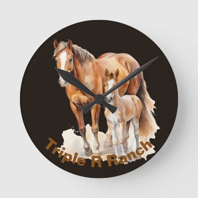 Personalized Farmhouse Horse & Baby. Horse Lovers Round Clock (Front)
