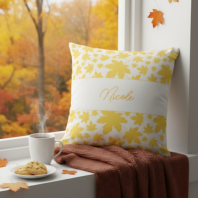 Personalized Farmhouse Yellow Fall Leaves Throw Pillow (Personalized pillow with yellow leaves and name brings charm to a cozy autumn space.)