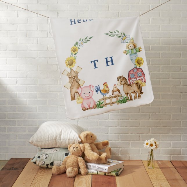 Personalized farmyard animals nursery monogram  baby blanket (In Situ)