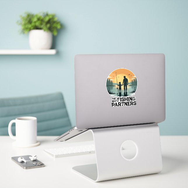 Personalized Father and Son Fishing Gift Sticker (Laptop On Desk)