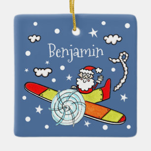 Personalized Father Christmas Santa Claus Airplane Ceramic Ornament
