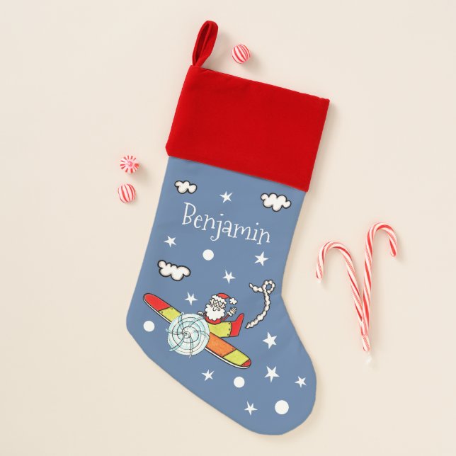 Personalized Father Christmas Santa Claus Airplane Christmas Stocking (Front)