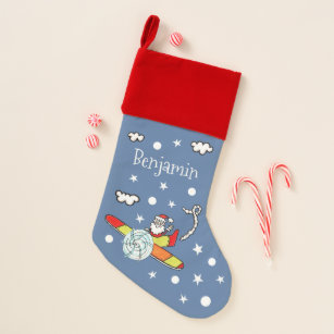 Boys Cute Blue Airplane Travel Design and Name Small Christmas Stocking