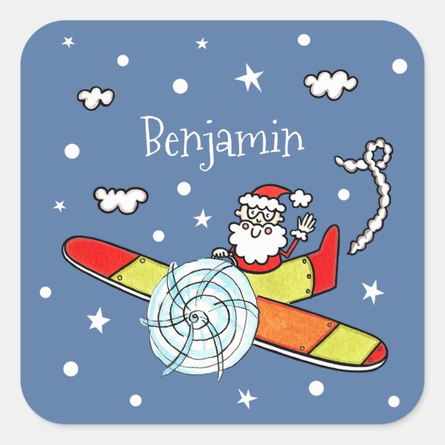 Personalized Father Christmas Santa Claus Airplane Square Sticker (Front)
