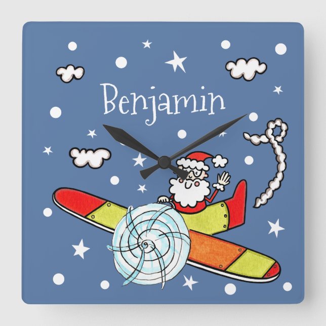 Personalized Father Christmas Santa Claus Airplane Square Wall Clock (Front)