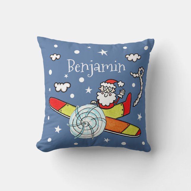 Personalized Father Christmas Santa Claus Airplane Throw Pillow (Front)