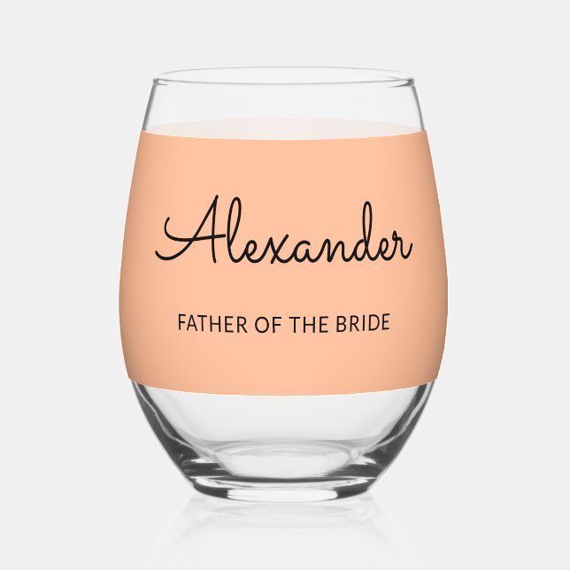 Personalized Father of the Bride Wedding Peach Stemless Wine Glass (Front)