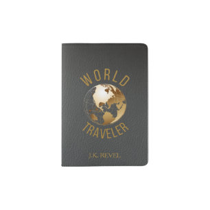 Personalized Faux aged grey leather gold earth Passport Holder