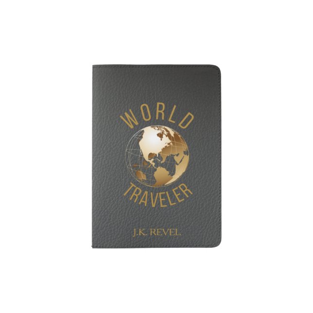 Personalized Faux aged grey leather gold earth Passport Holder (Front)