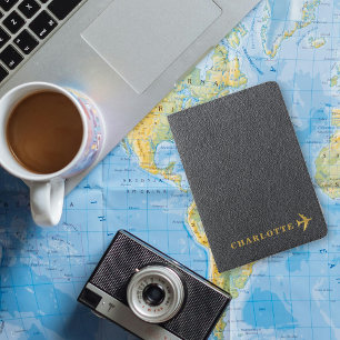 Personalized Faux Black Leather Gold Airplane Name Passport Holder