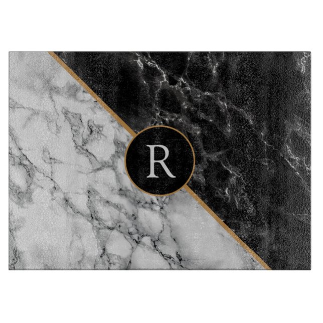 Personalized Faux Black White Marble Cutting Board (Front)