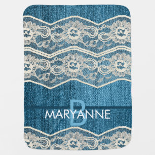 Personalized Faux Blue Denim & Lace Baby Blanket