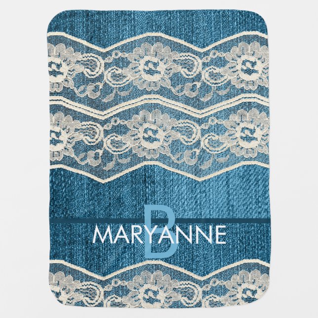 Personalized Faux Blue Denim & Lace Baby Blanket (Front)