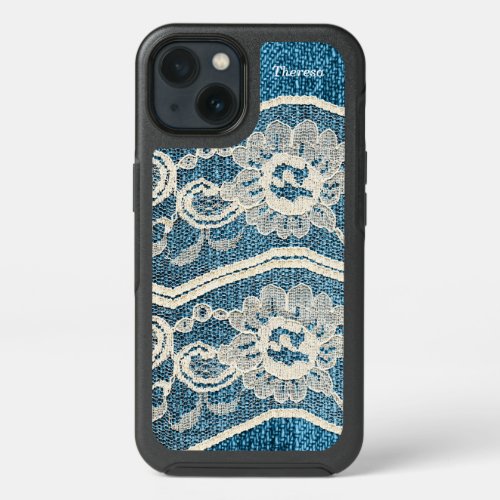 Personalized Faux Blue Denim  White Lace Design iPhone 13 Case
