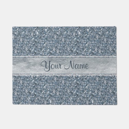 Personalized Faux Blue Sequins Glitter Silver Foil Doormat