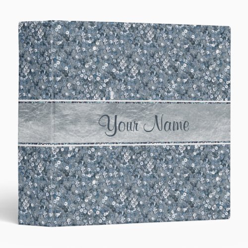 Personalized Faux Blue Sequins Silver Foil Glitter 3 Ring Binder