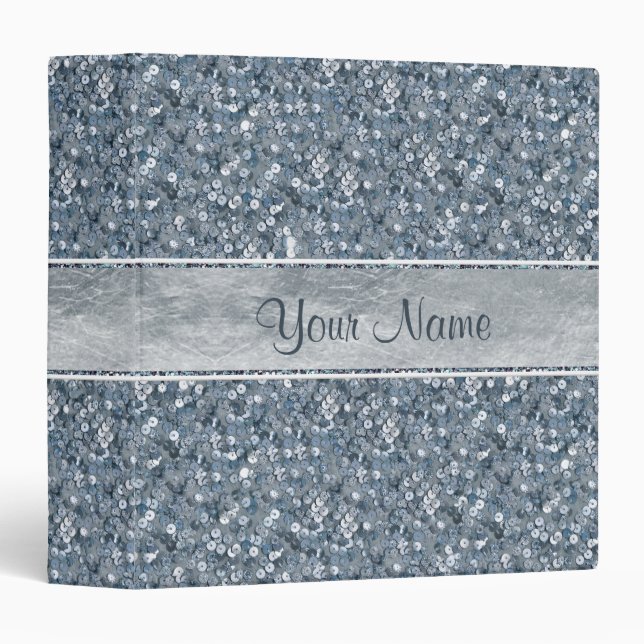 Personalized Faux Blue Sequins Silver Foil Glitter 3 Ring Binder (Front/Spine)