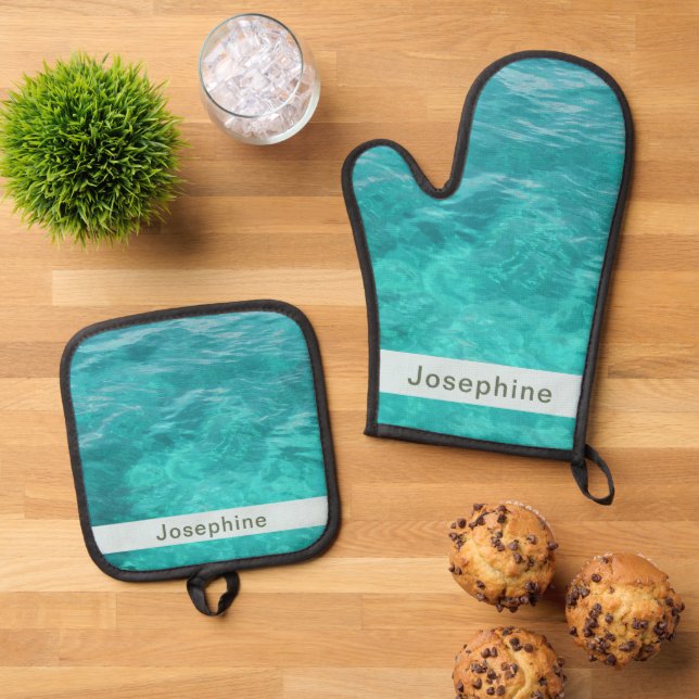 Personalized Faux Blue Water Oven Mitt & Pot Holder Set (Top Down)