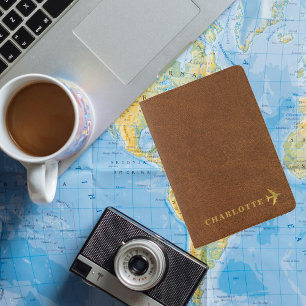 Personalized Faux Brown Leather Gold Airplane Name Passport Holder