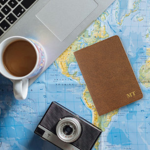 Personalized Faux Brown Leather Gold Monogrammed Passport Holder
