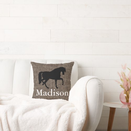 Personalized Faux Burlap Horse Silhouette Throw Pillow